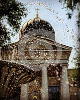 The fountains of Sobornaya PloschadÃ¢â¬â¢ The Cathedral Square in the center of Odessa, Ukraine photo